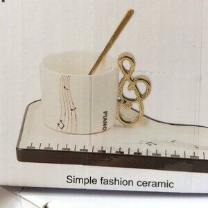 NWOT piano music novelty ceramic mugs with "saucers" and spoons, set of 2